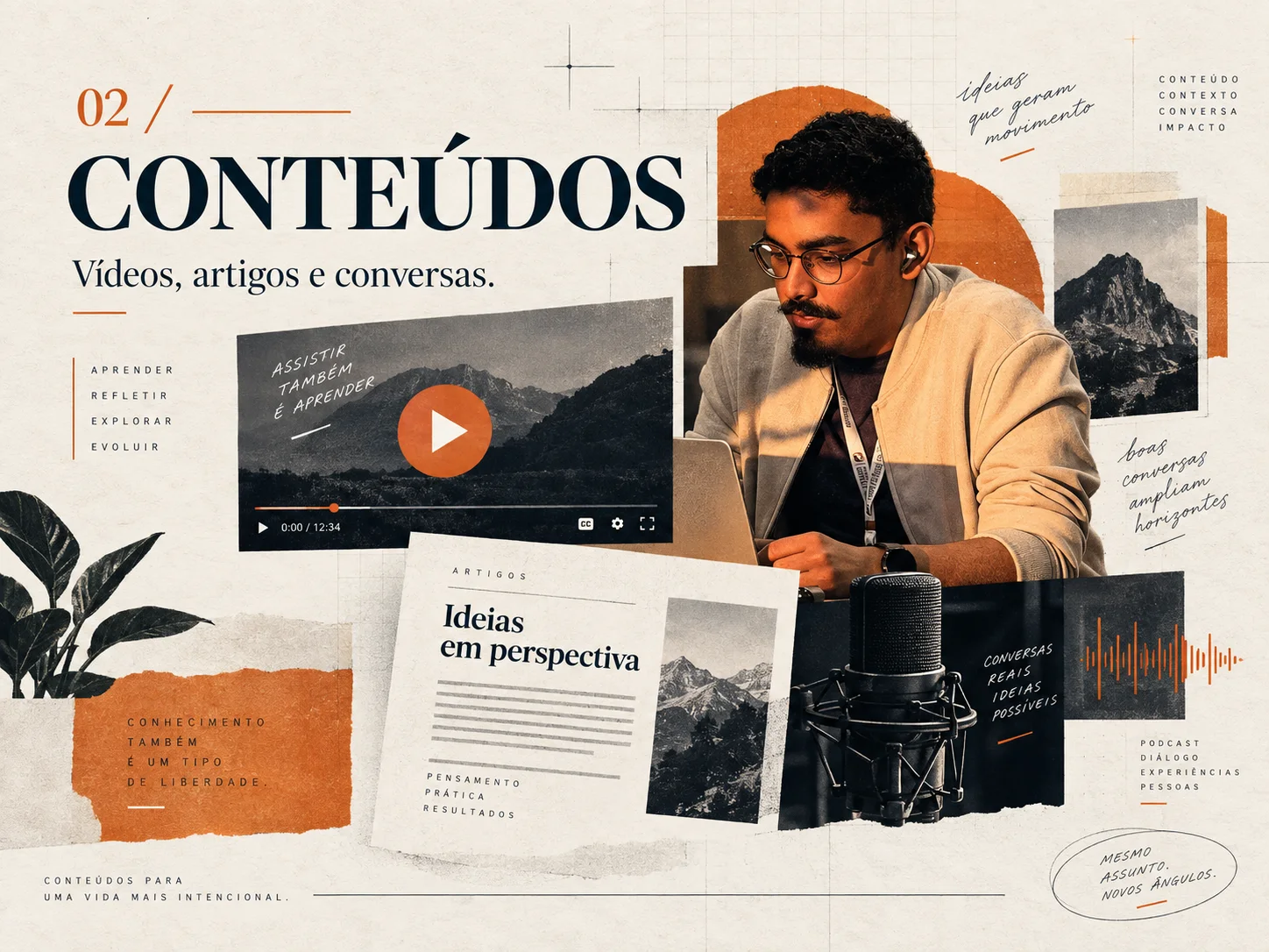 Composição editorial de conteúdos, frameworks e bastidores de JG Campos